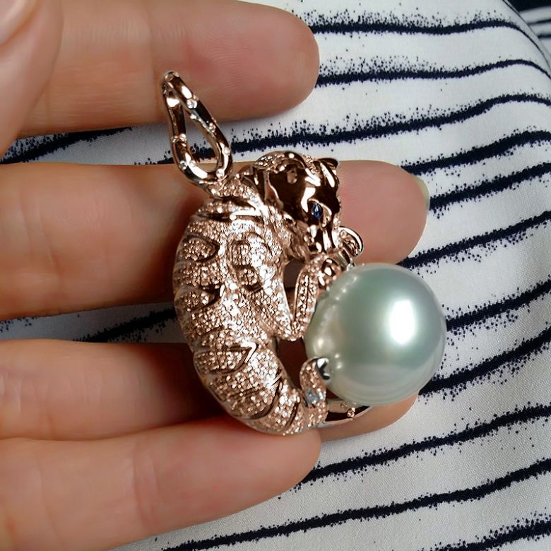 Pendentif Chat - Perle d'Australie, or, diamants - Kingdom of Animals or rose - 5