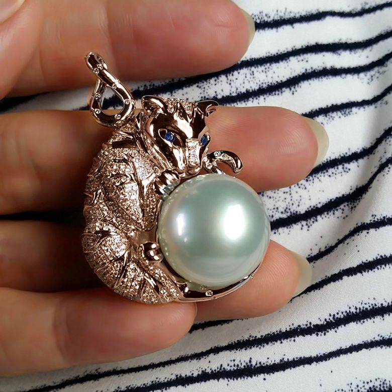 Pendentif Chat - Perle d'Australie, or, diamants - Kingdom of Animals or rose - 6