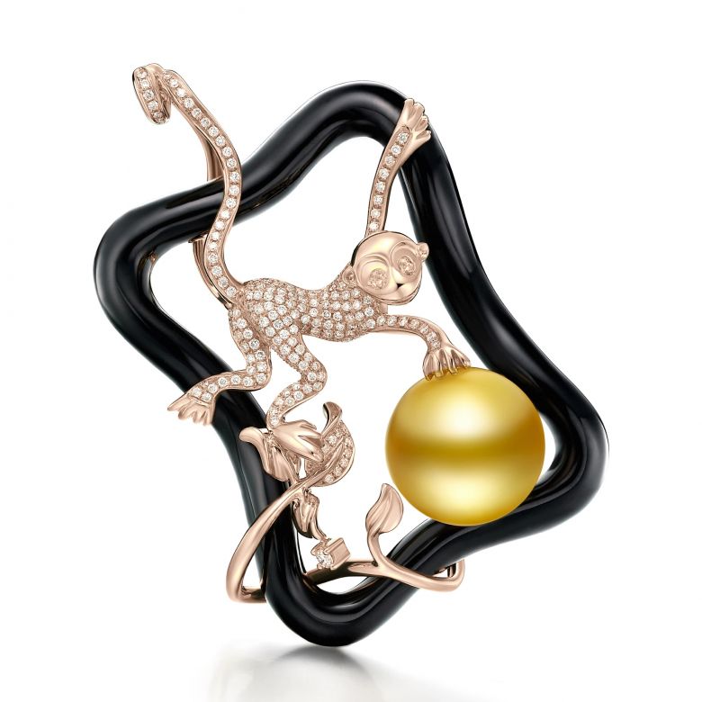 Pendentif Singe - Perle Australie dorée, Agate - Kingdom of Animals or rose - 1