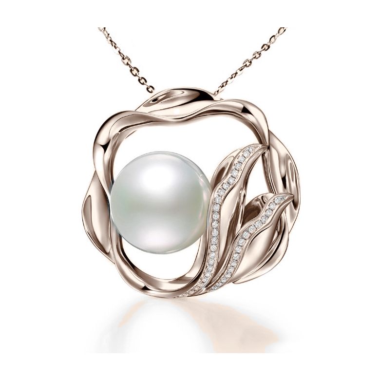 Pendentif fleur de lotus - Perle d'Australie, or rose, diamants - 1