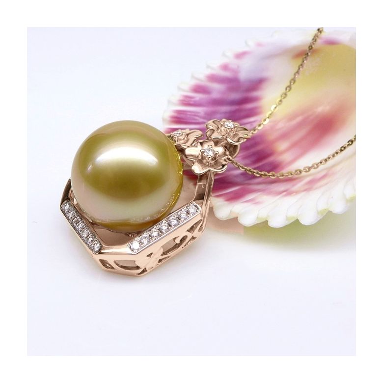 Pendentif parfum précieux -  Or rose & diamants - Perle dorée - 8