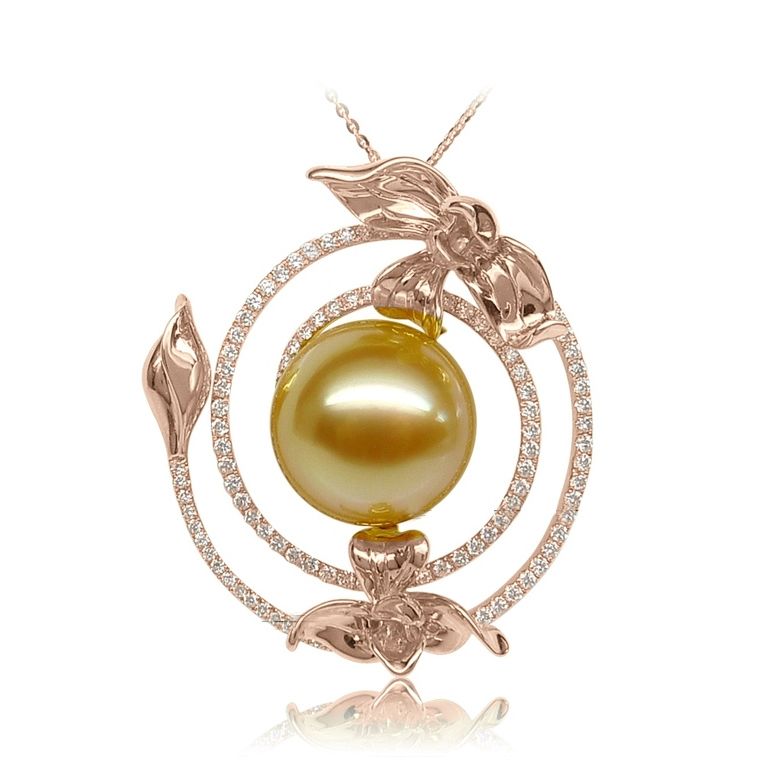 Pendentif orchidée sauvage - Perle dorée des mers du sud or rose - 1