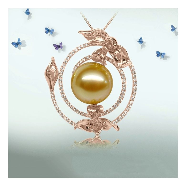 Pendentif orchidée sauvage - Perle dorée des mers du sud or rose - 3