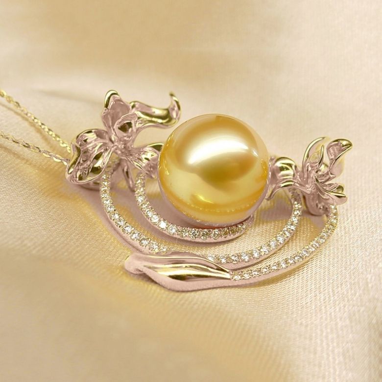 Pendentif orchidée sauvage - Perle dorée des mers du sud or rose - 4