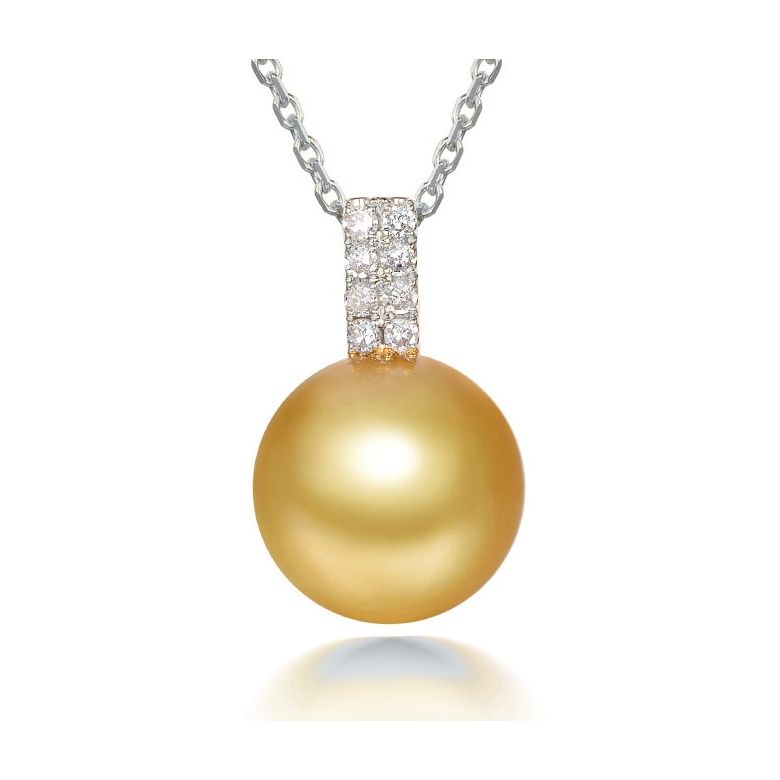 Pendentif bélière rectangulaire or blanc, diamants. Perle d'Australie dorée - 1