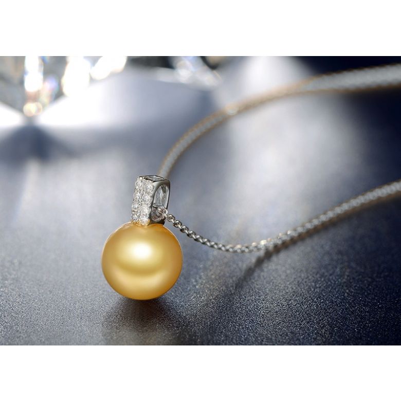 Pendentif bélière rectangulaire or blanc, diamants. Perle d'Australie dorée - 2