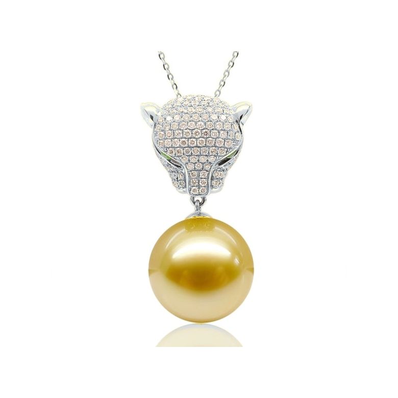 Pendentif Panthère Perle d'Australie dorée. Or blanc et Diamants - 1