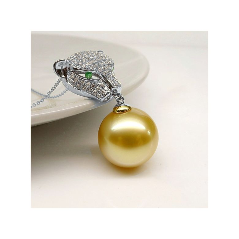 Pendentif Panthère Perle d'Australie dorée. Or blanc et Diamants - 2