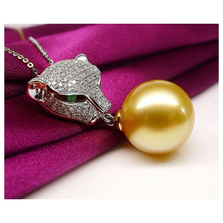 Pendentif Panthère Perle d'Australie dorée. Or blanc et Diamants - 5