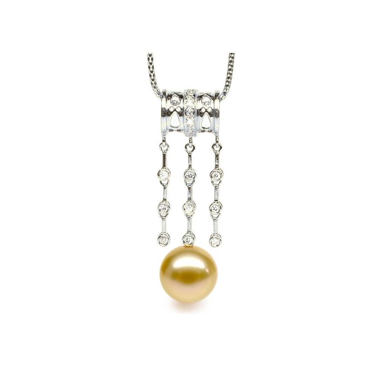Pendentif luxe ethnique - Perle d'Australie dorée - Or blanc, diamants - 1