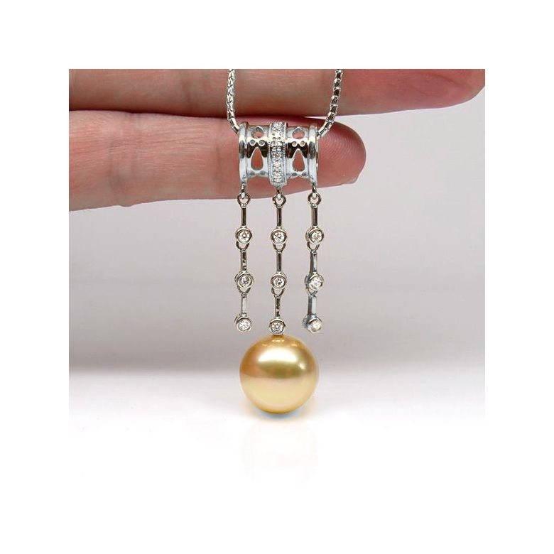 Pendentif luxe ethnique - Perle d'Australie dorée - Or blanc, diamants - 2