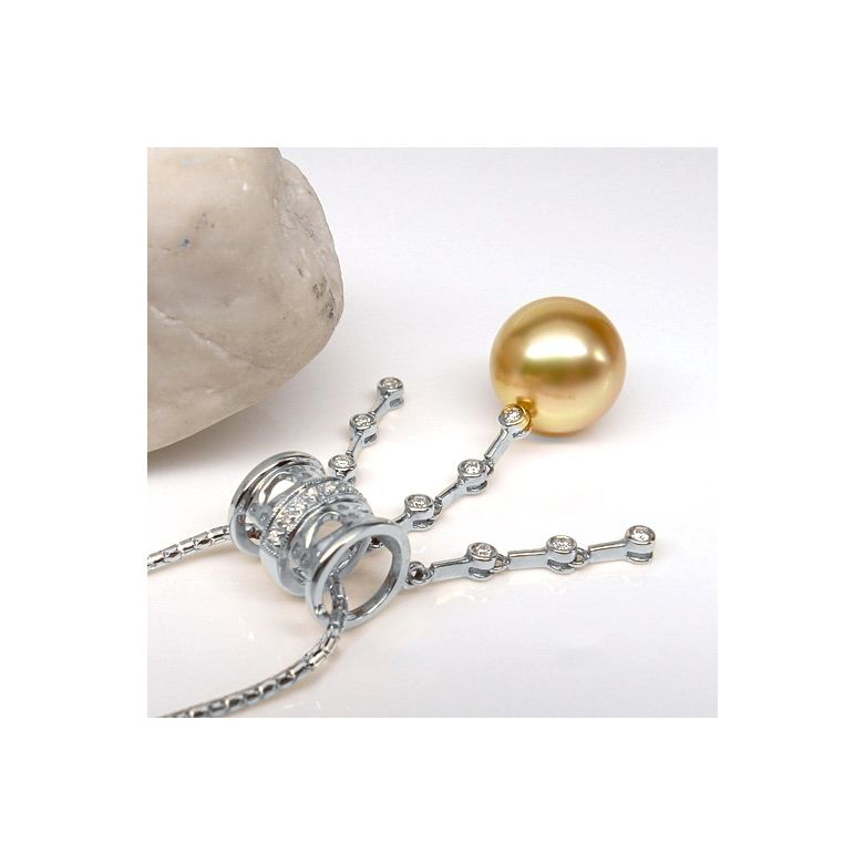 Pendentif luxe ethnique - Perle d'Australie dorée - Or blanc, diamants - 3