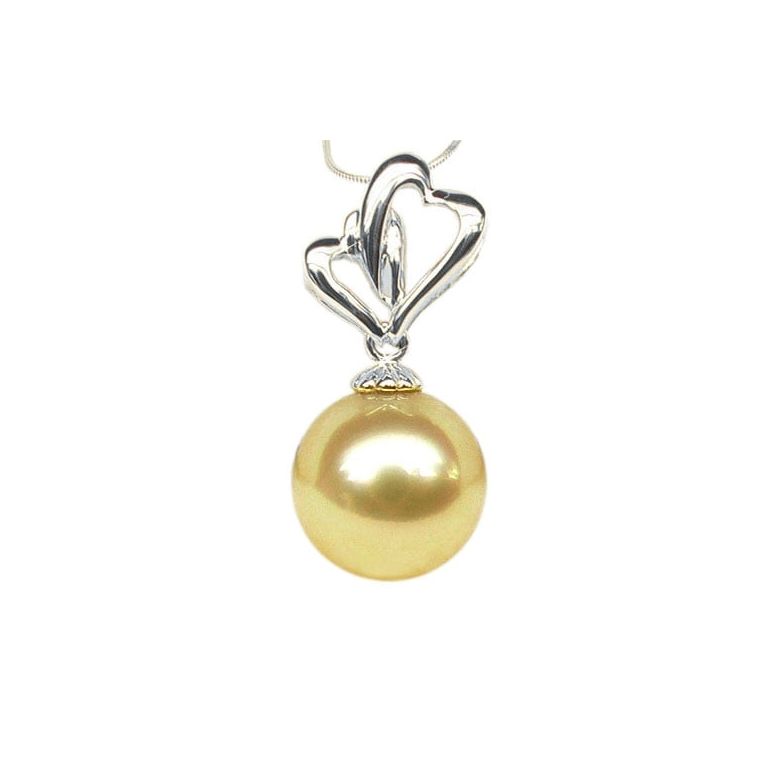 Pendentif 2 coeurs d'or blanc - Perle d'Australie dorée - 2
