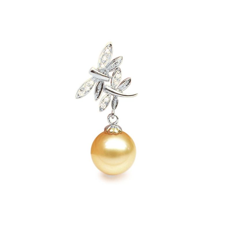 Pendentif libellule - Couple de libellules - Perle Australie, or blanc - 1