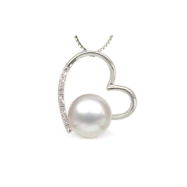 Pendentif coeur - Perle d'Australie blanche 9-10mm AAA - Or blanc - 1