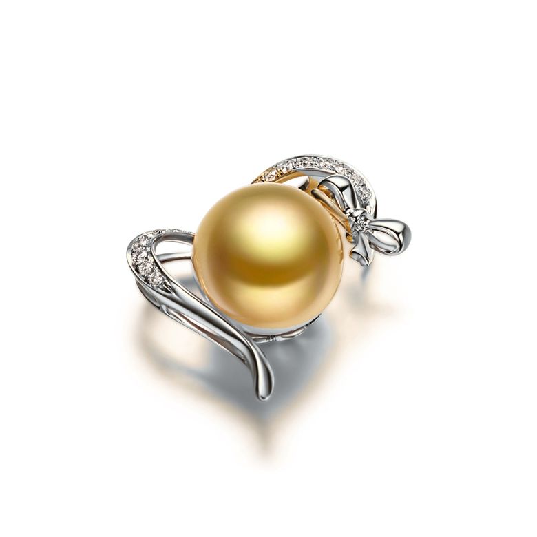 Pendentif noeud gansé - Or blanc, perle d'Australie dorée. Diamants  - 3
