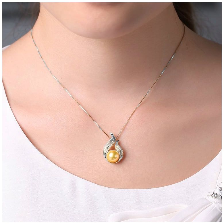  Pendentif Douce Végétale - Perle dorée - Or blanc, diamants - 2