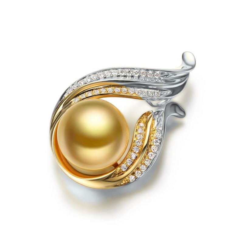  Pendentif Douce Végétale - Perle dorée - Or blanc, diamants - 3
