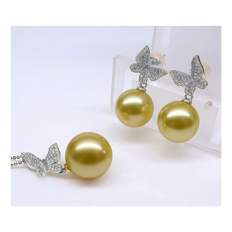  Pendentif Papillon Or blanc. Perle d'Australie dorée. Diamants - 8