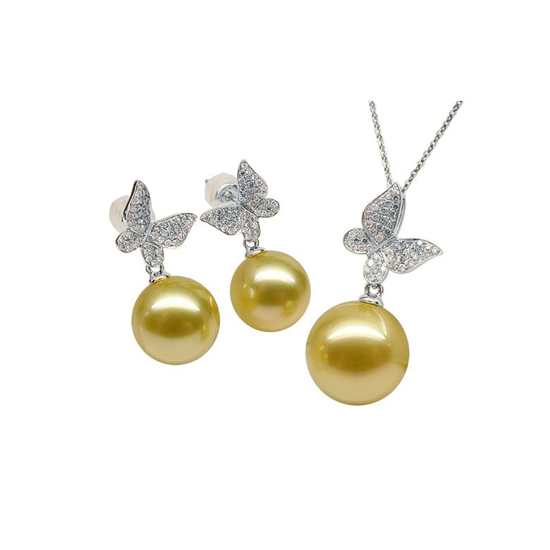  Pendentif Papillon Or blanc. Perle d'Australie dorée. Diamants - 9