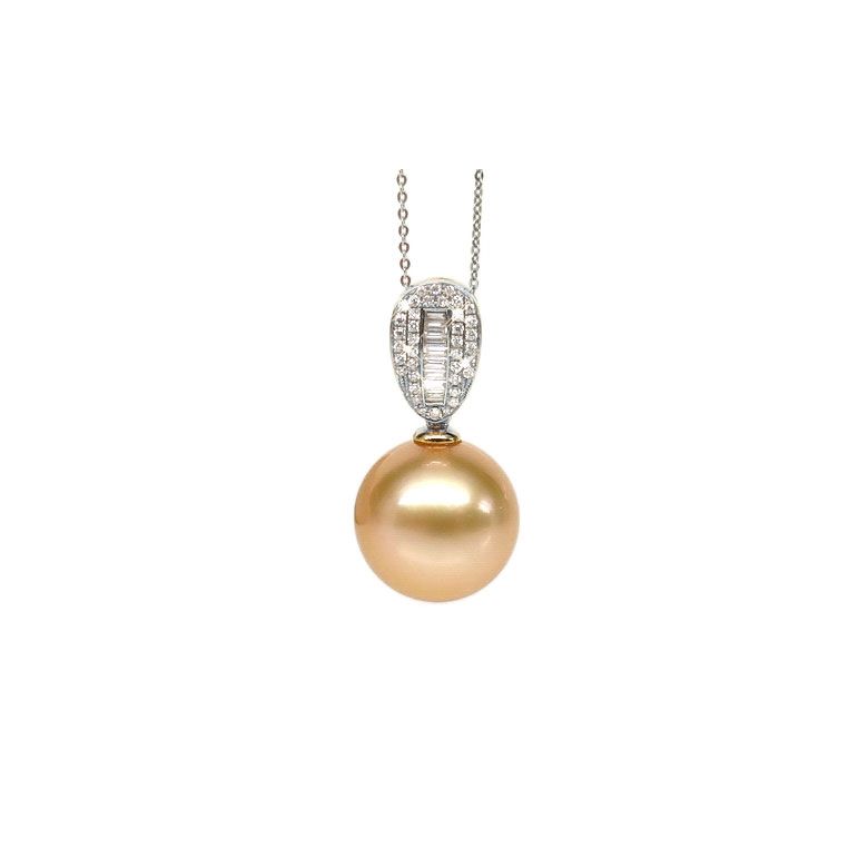 Pendentif perle d'Australie dorée - Or blanc - Diamants ronds, baguettes - 1