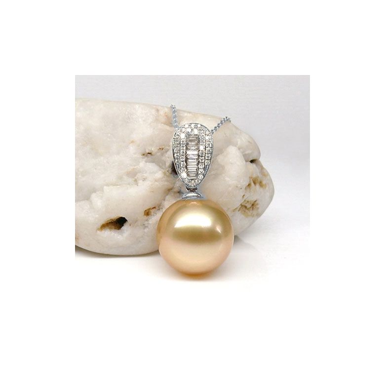 Pendentif perle d'Australie dorée - Or blanc - Diamants ronds, baguettes - 2