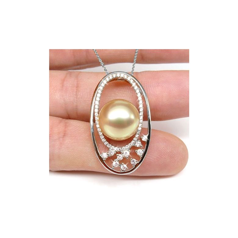 Pendentif haute joaillerie - Ellipse - Perle d'Australie dorée or blanc - 2