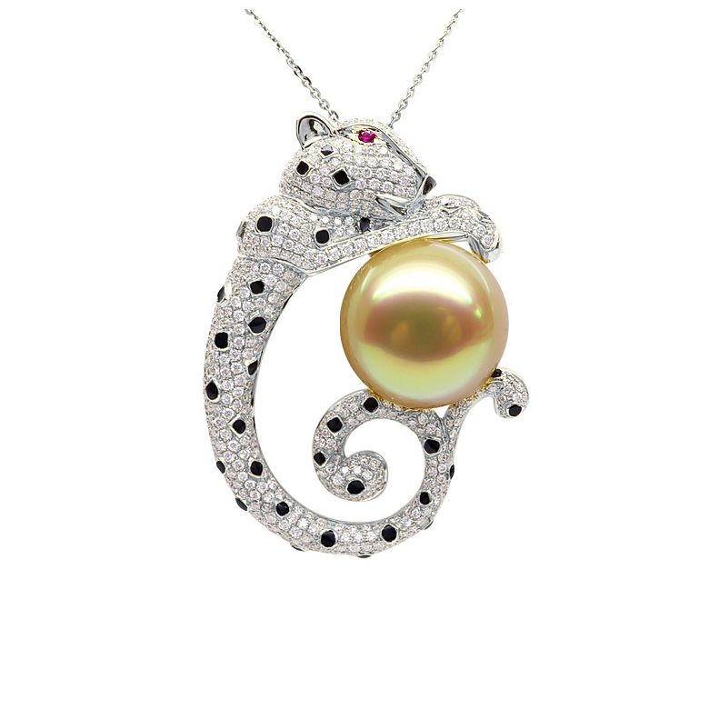 Pendentif Léopard. Perle d'Australie Dorée, Or blanc, Diamants - 1