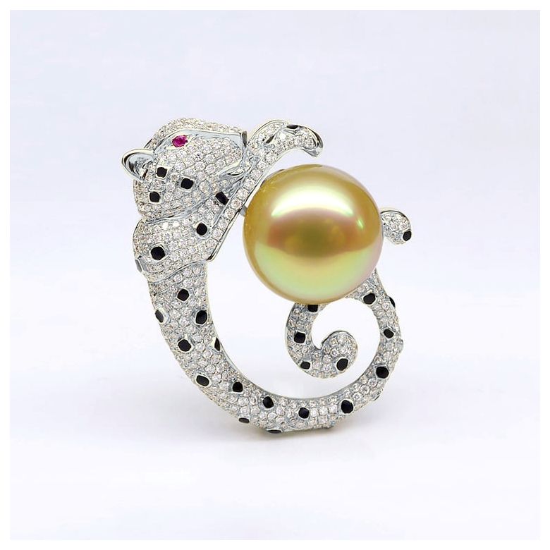 Pendentif Léopard. Perle d'Australie Dorée, Or blanc, Diamants - 6
