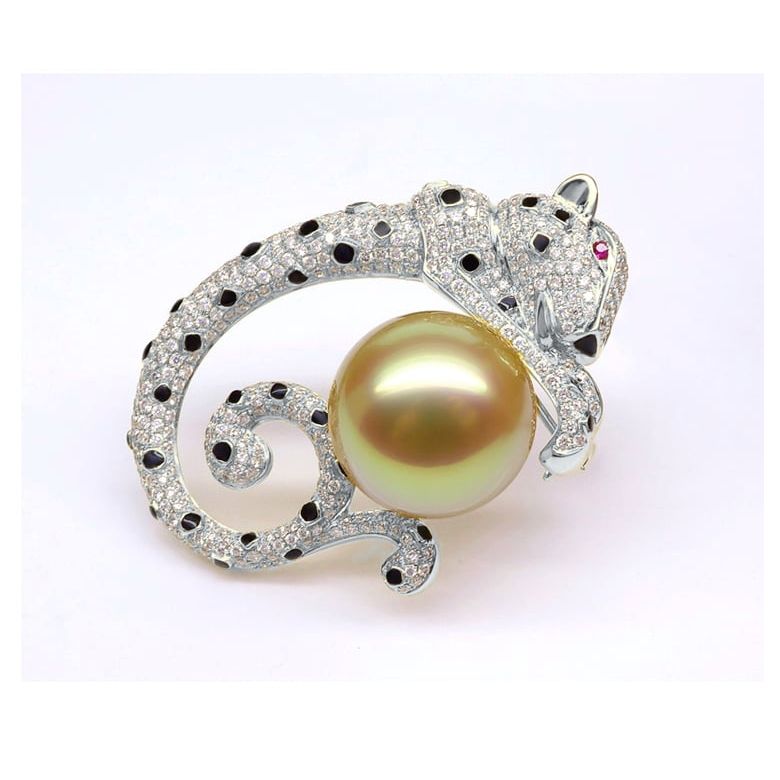 Pendentif Léopard. Perle d'Australie Dorée, Or blanc, Diamants - 7