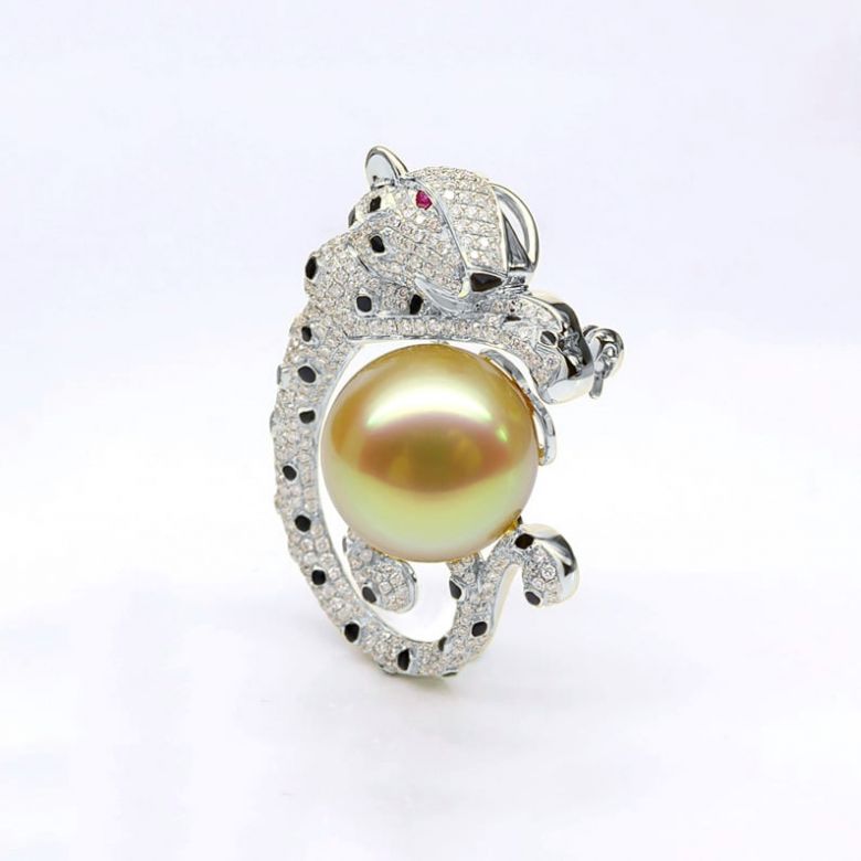 Pendentif Léopard. Perle d'Australie Dorée, Or blanc, Diamants - 8