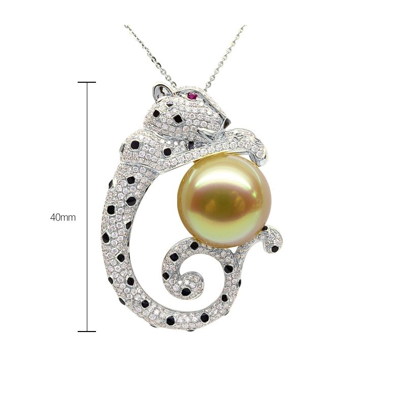 Pendentif Léopard. Perle d'Australie Dorée, Or blanc, Diamants - 10