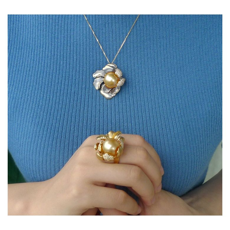 Pendentif Pivoine Or blanc. Perle dorée. Diamants - 2