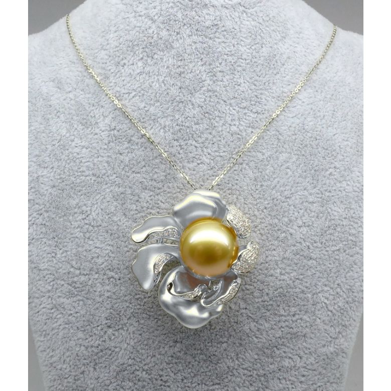Pendentif Pivoine Or blanc. Perle dorée. Diamants - 3