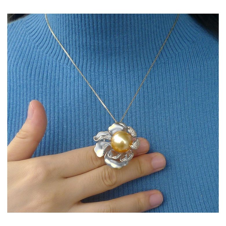 Pendentif Pivoine Or blanc. Perle dorée. Diamants - 5