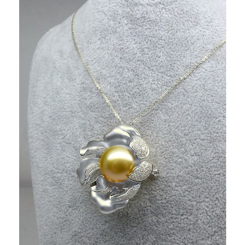 Pendentif Pivoine Or blanc. Perle dorée. Diamants - 6