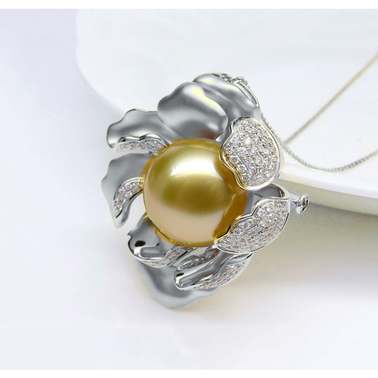 Pendentif Pivoine Or blanc. Perle dorée. Diamants - 8