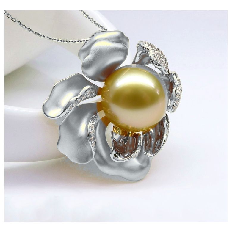 Pendentif Pivoine Or blanc. Perle dorée. Diamants - 9