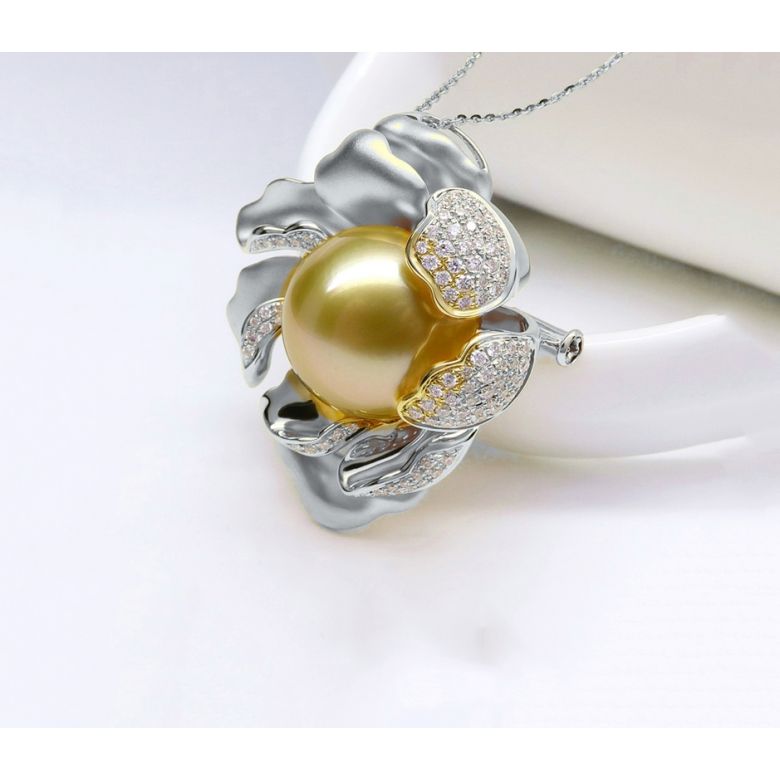 Pendentif Pivoine Or blanc. Perle dorée. Diamants - 10