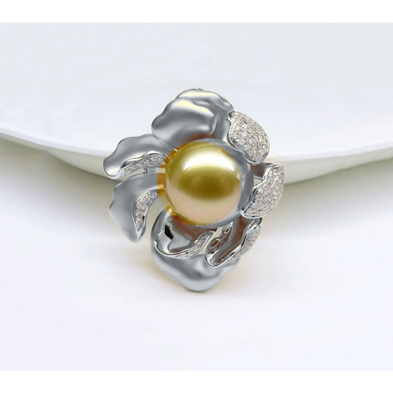 Pendentif Pivoine Or blanc. Perle dorée. Diamants - 11