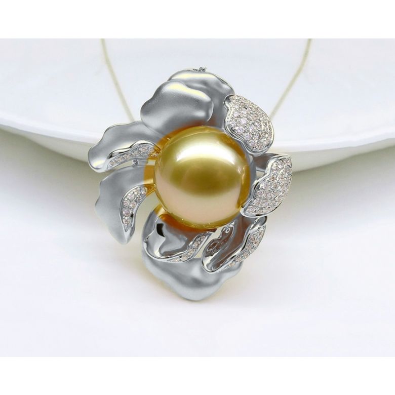 Pendentif Pivoine Or blanc. Perle dorée. Diamants - 12