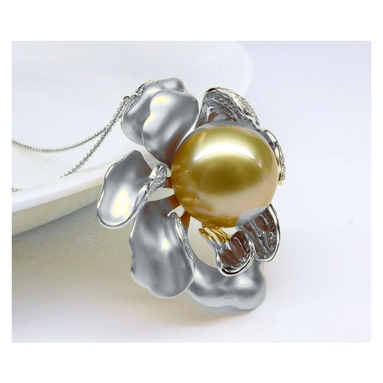 Pendentif Pivoine Or blanc. Perle dorée. Diamants - 13