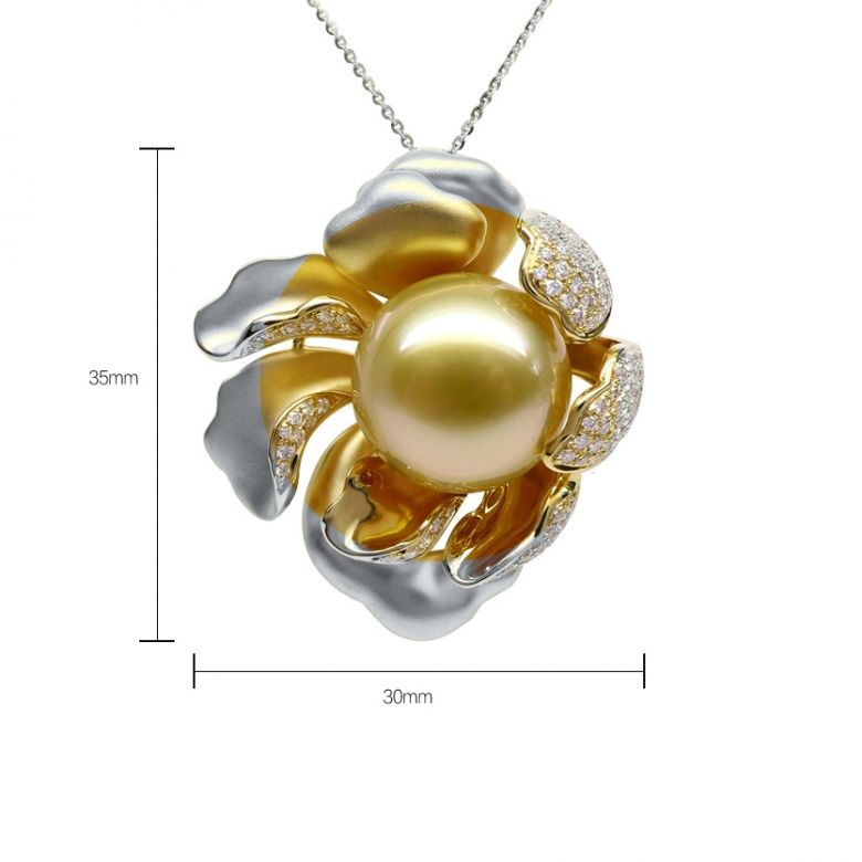 Pendentif Pivoine Or blanc. Perle dorée. Diamants - 14