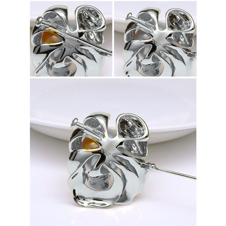 Pendentif Pivoine Or blanc. Perle dorée. Diamants - 15