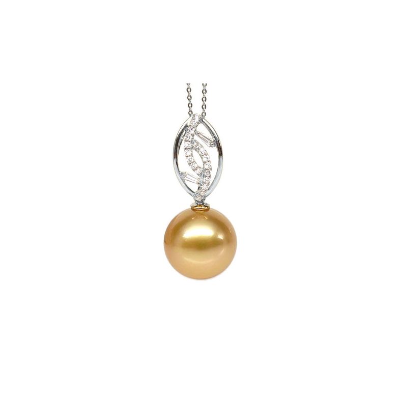 Pendentif feuilles d'or diamantées - Perle d'Australie dorée or blanc - 1