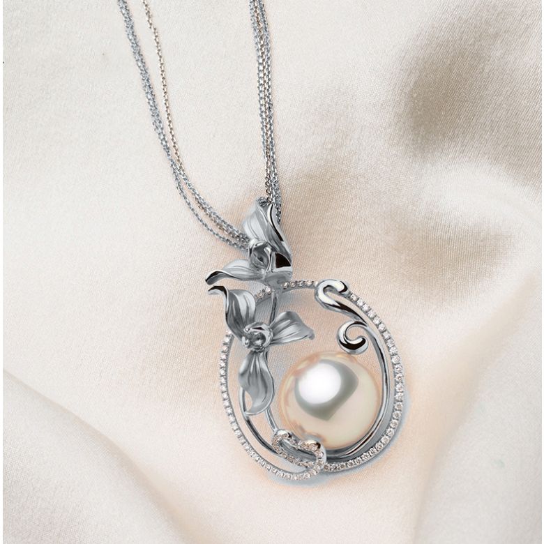 Pendentif Orchidée Or blanc, diamants et perle d'Australie  - 2
