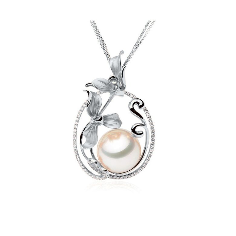 Pendentif Orchidée Or blanc, diamants et perle d'Australie  - 4