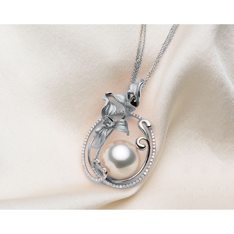 Pendentif Orchidée Or blanc, diamants et perle d'Australie  - 5