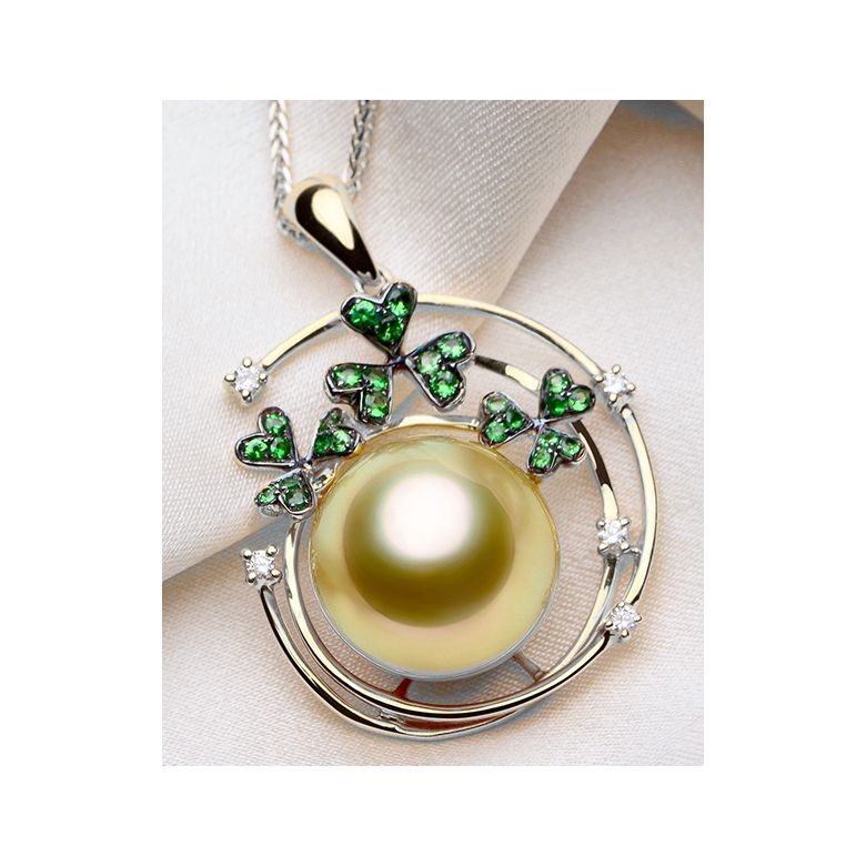 Pendentif jardin d'été. Perle d'Australie, diamants, grenat vert or blanc - 4