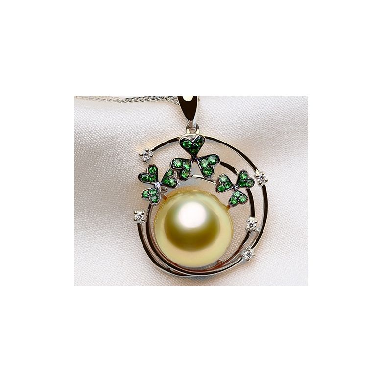 Pendentif jardin d'été. Perle d'Australie, diamants, grenat vert or blanc - 5